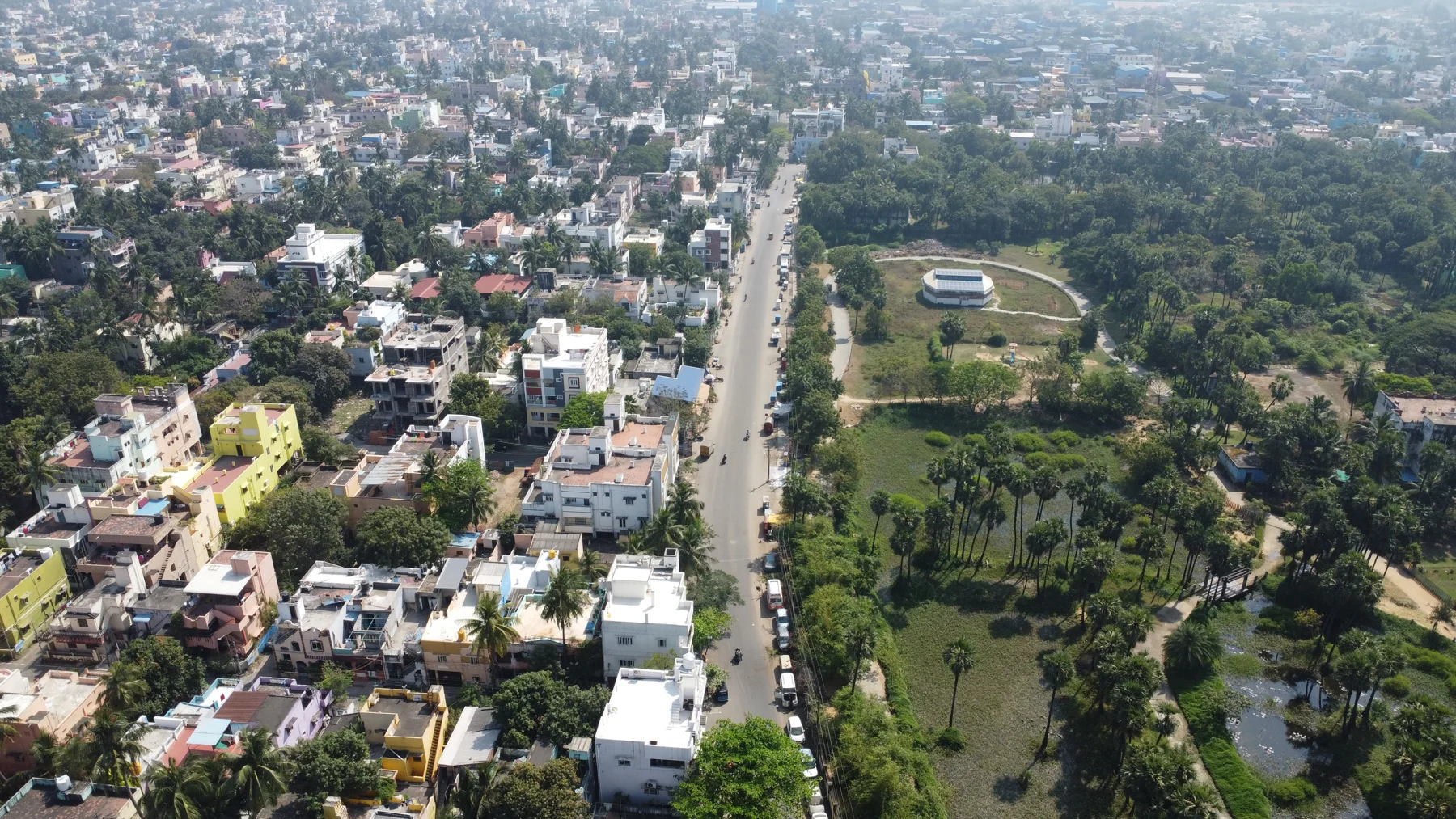 Aerial photograph of homes and green spaces in Madhavaram, Chennai